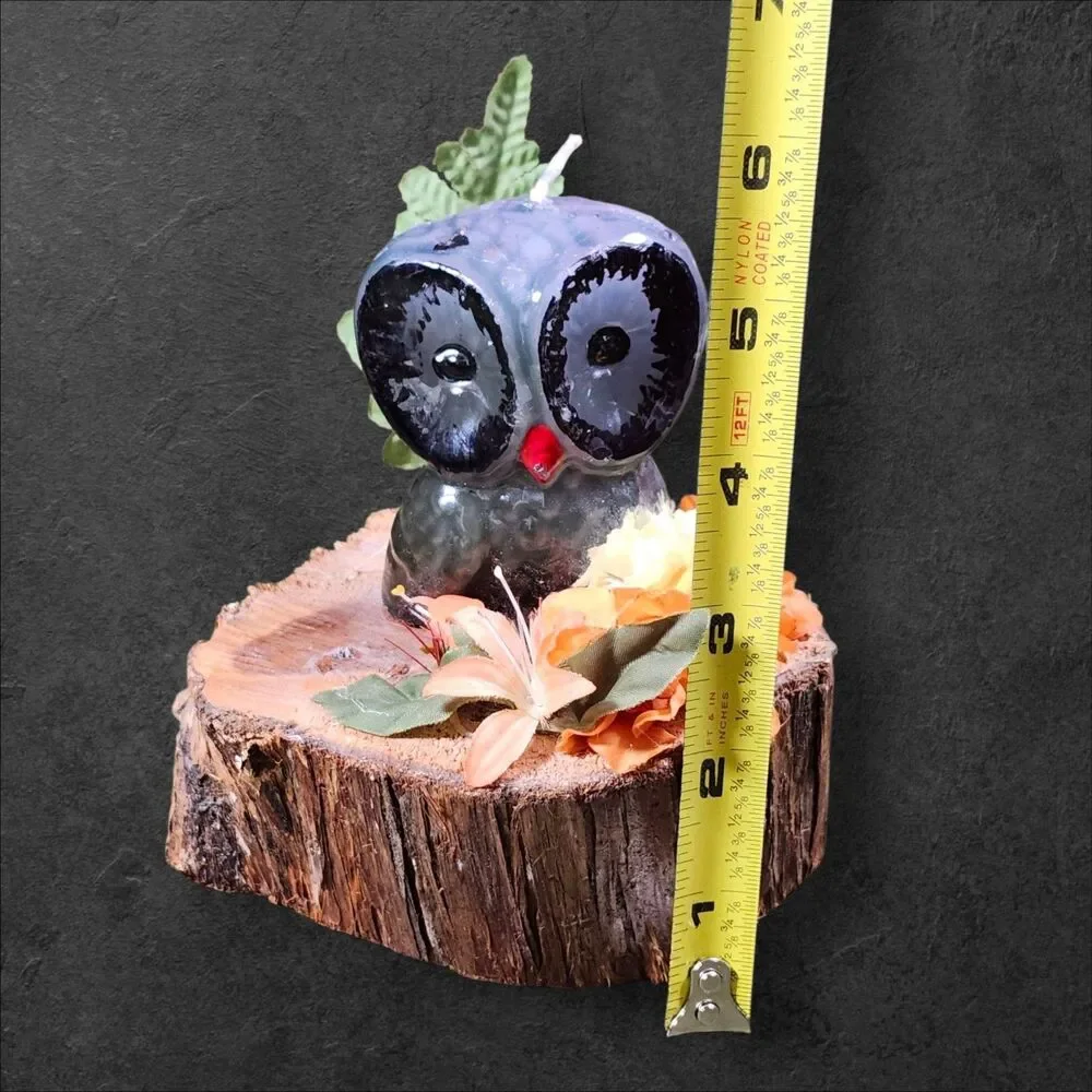 Vintage Owl Candle Wood Slice Base Folk Art 1970s Woodland Cottagecore Decor